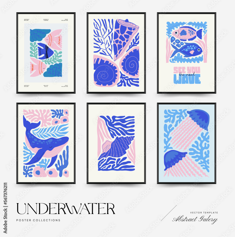 Underwater world, ocean, sea, fish and shells vertical flyer or poster template. Modern trendy Matisse minimal style. Hand drawn design for wallpaper, wall decor, print, postcard, cover, template Underwater world, ocean, sea, fish and shells vertical flyer or poster template. Modern trendy Matisse minimal style. Hand drawn design for wallpaper, wall decor, print, postcard, cover, template