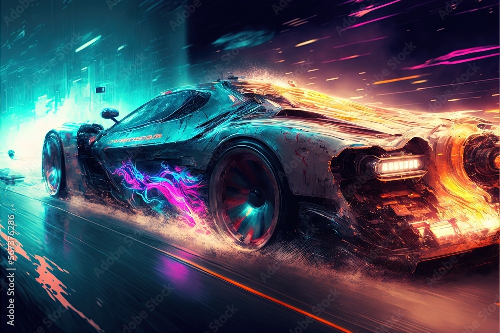 cyberpunk supercar on high speed blurred motion, creative light trails generative art Generative AI