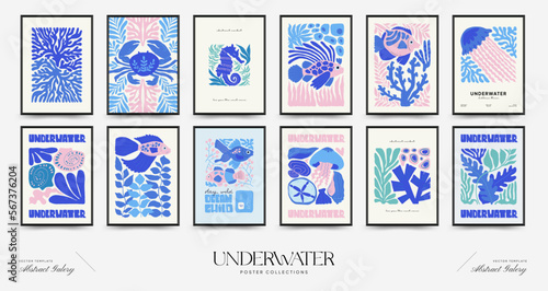 Underwater world, ocean, sea, fish and shells vertical flyer or poster template. Modern trendy Matisse minimal style. Hand drawn design for wallpaper, wall decor, print, postcard, cover, template