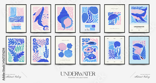 Underwater world, ocean, sea, fish and shells vertical flyer or poster template. Modern trendy Matisse minimal style. Hand drawn design for wallpaper, wall decor, print, postcard, cover, template