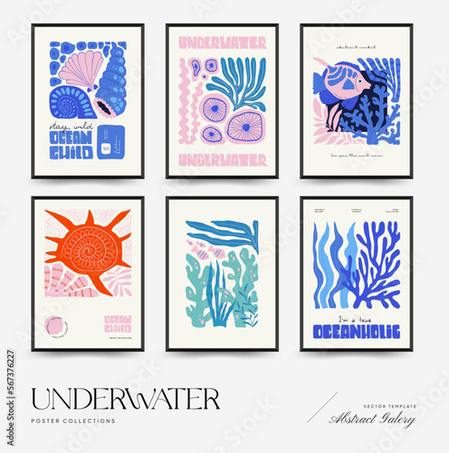 Underwater world, ocean, sea, fish and shells vertical flyer or poster template. Modern trendy Matisse minimal style. Hand drawn design for wallpaper, wall decor, print, postcard, cover, template