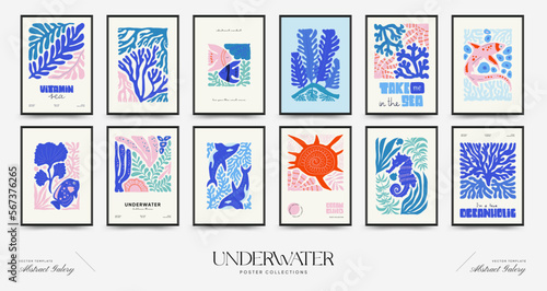 Underwater world, ocean, sea, fish and shells vertical flyer or poster template. Modern trendy Matisse minimal style. Hand drawn design for wallpaper, wall decor, print, postcard, cover, template