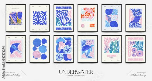 Underwater world, ocean, sea, fish and shells vertical flyer or poster template. Modern trendy Matisse minimal style. Hand drawn design for wallpaper, wall decor, print, postcard, cover, template