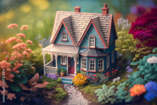 Tiny cute miniature house in a garden full of flowers. Close up with depth of field. Generative AI