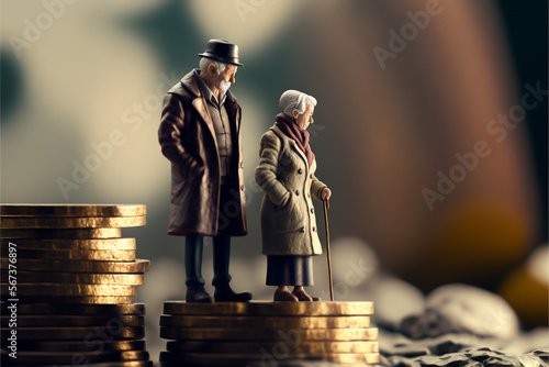 Concept of retirement planning. Old couple standing on top of coin stack. Retirement saving or investment pension fund, planning for wealth and expense for living after retire. generative ai. photo