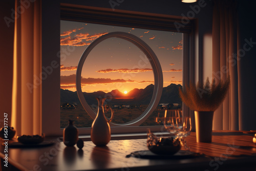 A room with a view of the mount and sunset outside the window, Generative AI