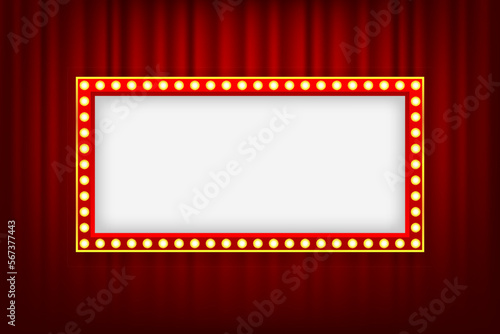 Retro lightbox with light bulbs on a silky luxury curtain stage. Vintage theater signboard mockup. Red commercial announcement banner. Vector illustration.