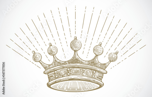 Crown drawn in an engraving style, conditional (symbolic) illustration of the crown. Vector illustration.