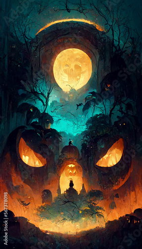 Mayan style halloween theme pumpkins ghosts in the dark night illustration Generative AI Content by Midjourney