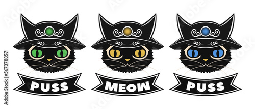 Set of vector cartoon black heads of cats in helmets with patterns on a white isolated background. Funny icons, emblems, logos or stickers