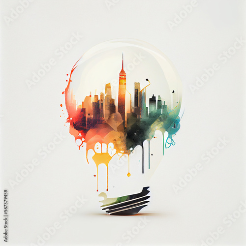 Watercolor illustration, New York landmarks in a glass flask of an incandescent electric light bulb, white background. AI generated. photo