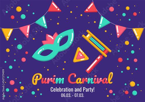 Purim holiday carnival announcement with funny mask, sweet hamantaschen and beanbag, flags and confetti on a purple background, greeting, invitation for a jewish holiday.