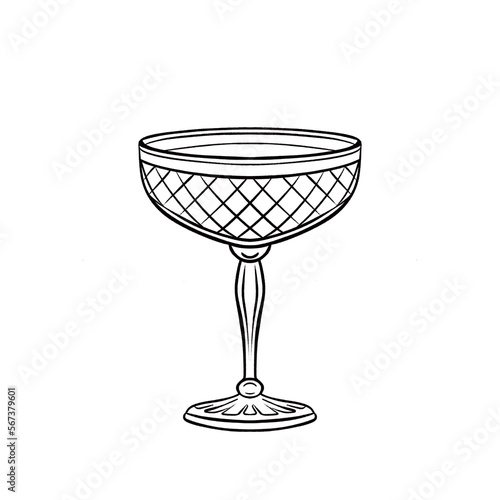 Sketch Champagne saucer, Elegant drink for girls. Vintage crystal glass for alcoholic beverages. Cute hand-drawn illustration. 

