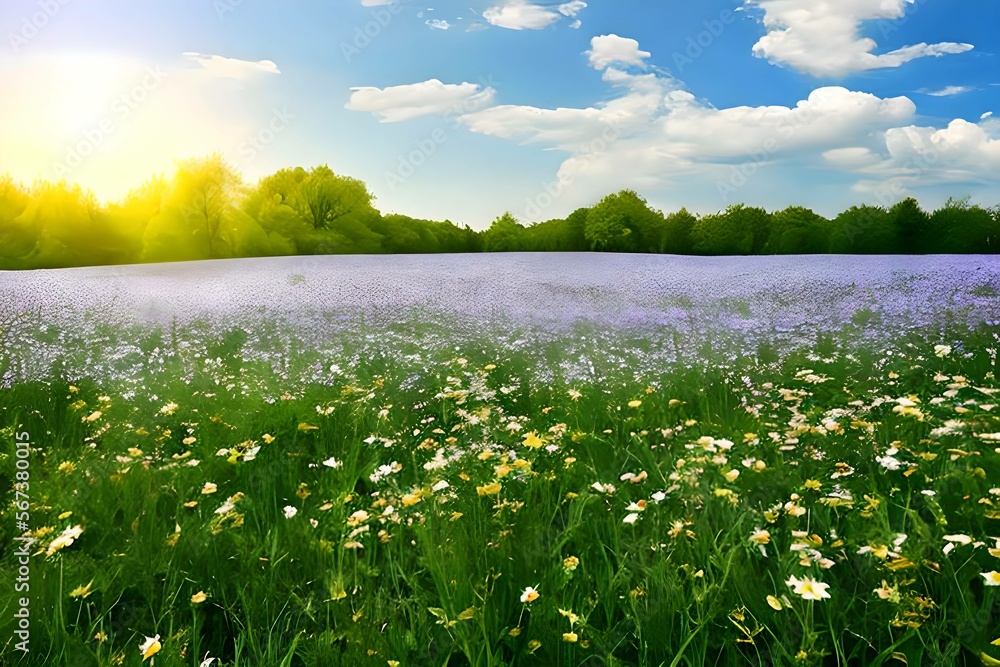 Fototapeta premium Sunny Day Bliss: A Blurry Nature Scene of Chamomile, Trees, and Blue Sky