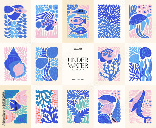 Underwater world, ocean, sea, fish and shells vertical flyer or poster template. Modern trendy Matisse minimal style. Hand drawn design for wallpaper, wall decor, print, postcard, cover, template