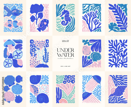 Underwater world, ocean, sea, fish and shells vertical flyer or poster template. Modern trendy Matisse minimal style. Hand drawn design for wallpaper, wall decor, print, postcard, cover, template
