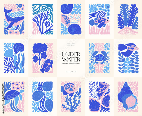 Underwater world, ocean, sea, fish and shells vertical flyer or poster template. Modern trendy Matisse minimal style. Hand drawn design for wallpaper, wall decor, print, postcard, cover, template