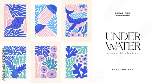 Underwater world, ocean, sea, fish and shells vertical flyer or poster template. Modern trendy Matisse minimal style. Hand drawn design for wallpaper, wall decor, print, postcard, cover, template