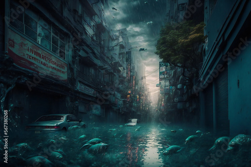  Abandoned Tokyo City in the future. Empty roads and a dystopian atmosphere in a post-apocalyptic Japan - Generative AI