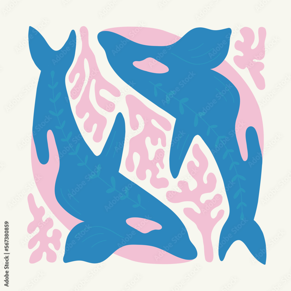 Underwater world, ocean, sea, fish and shells vertical flyer or poster template. Modern trendy Matisse minimal style. Hand drawn design for wallpaper, wall decor, print, postcard, cover, template Underwater world, ocean, sea, fish and shells vertical flyer or poster template. Modern trendy Matisse minimal style. Hand drawn design for wallpaper, wall decor, print, postcard, cover, template