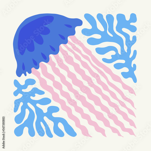 Underwater world, ocean, sea, fish and shells vertical flyer or poster template. Modern trendy Matisse minimal style. Hand drawn design for wallpaper, wall decor, print, postcard, cover, template