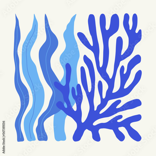 Underwater world, ocean, sea, fish and shells vertical flyer or poster template. Modern trendy Matisse minimal style. Hand drawn design for wallpaper, wall decor, print, postcard, cover, template