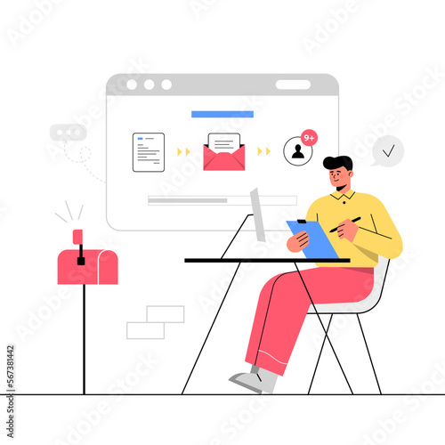 Big isolated employee working in office interior workplace flat vector illustration, cheering success, thinking new, business theme