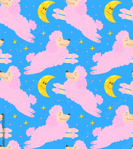 Pattern sleeping pink poodle and moon and stars on blue background. Flat style
