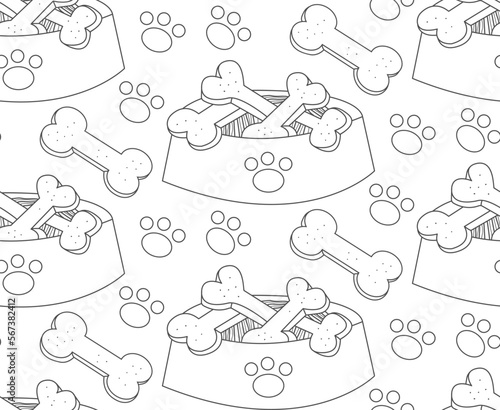 Pattern with dog treat and bones in  bowl and paw on white background