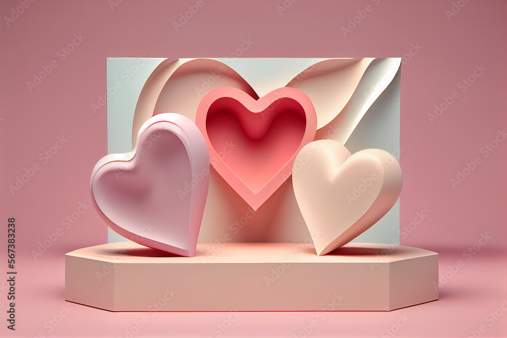 3D empty podium display. Pastel pink background. product presentation, with abstract heart