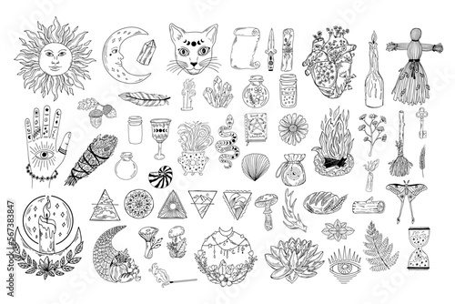 Black outline witchcraft symbols clipart. Book of shadows, deer horn, floral, smagic croll, fire and knife modern witch illustration. Hand drawing line art.