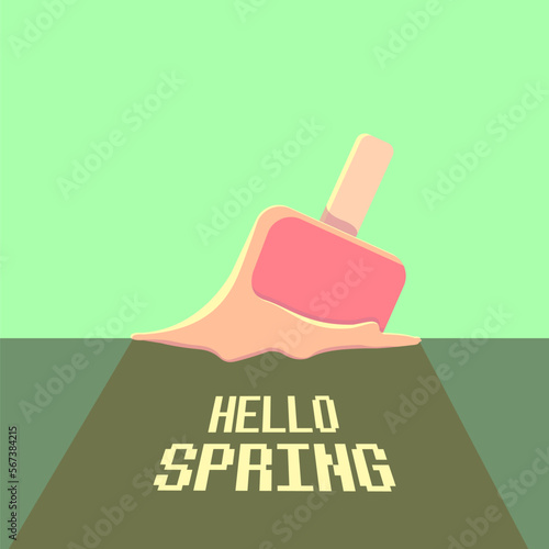 vector hello spring vintage concept illustration with flat melt ice cream isolated on green background. Springtime background or banner. Hello march graphic design template
