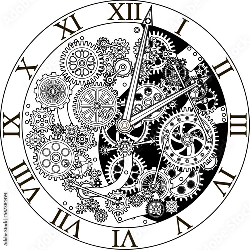 Retro clock mechanism. Clockwork illustration. Vintage gears