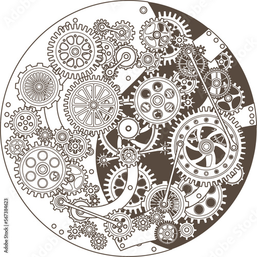 Clockwork in retro style. Gear mechanism. Clock cogwheel