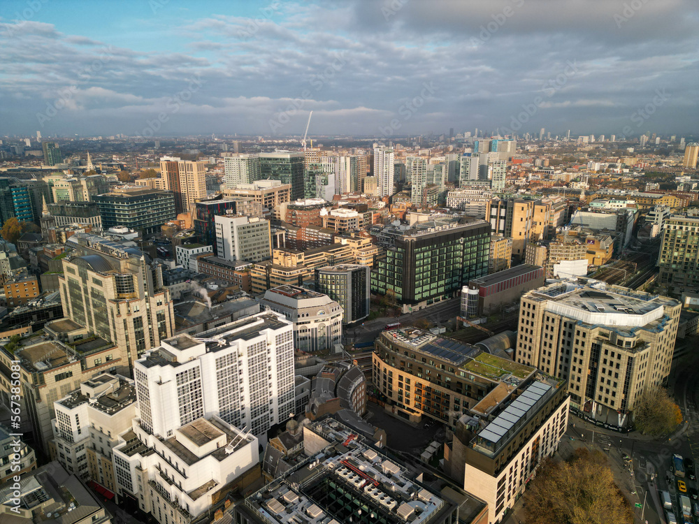 Fototapeta premium City Scape London View, Shot with Mini 3 Pro Drone. Foggy Day