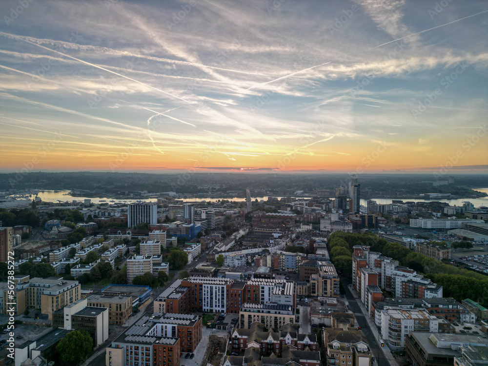 Southampton City Scape, Drone Aerial Shot with DJI Mini 3 Pro Drone early evening.