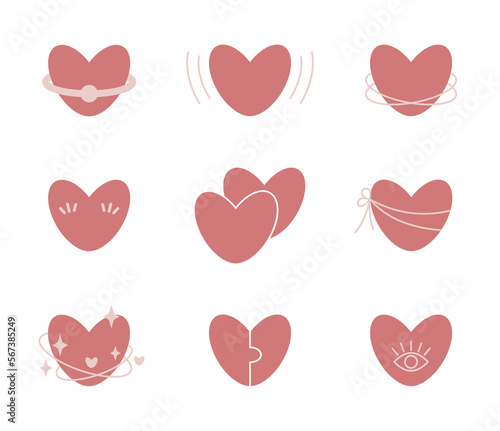Set of 9 hearts ikons for Valentine's day celebration. Good for cards, invitation, stickers, t-shirt print. Isolated vector illustration on white background. photo