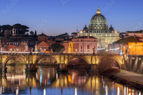 St. Peter's Basilica in Vatican City on the Tiber River through Rome, Italy