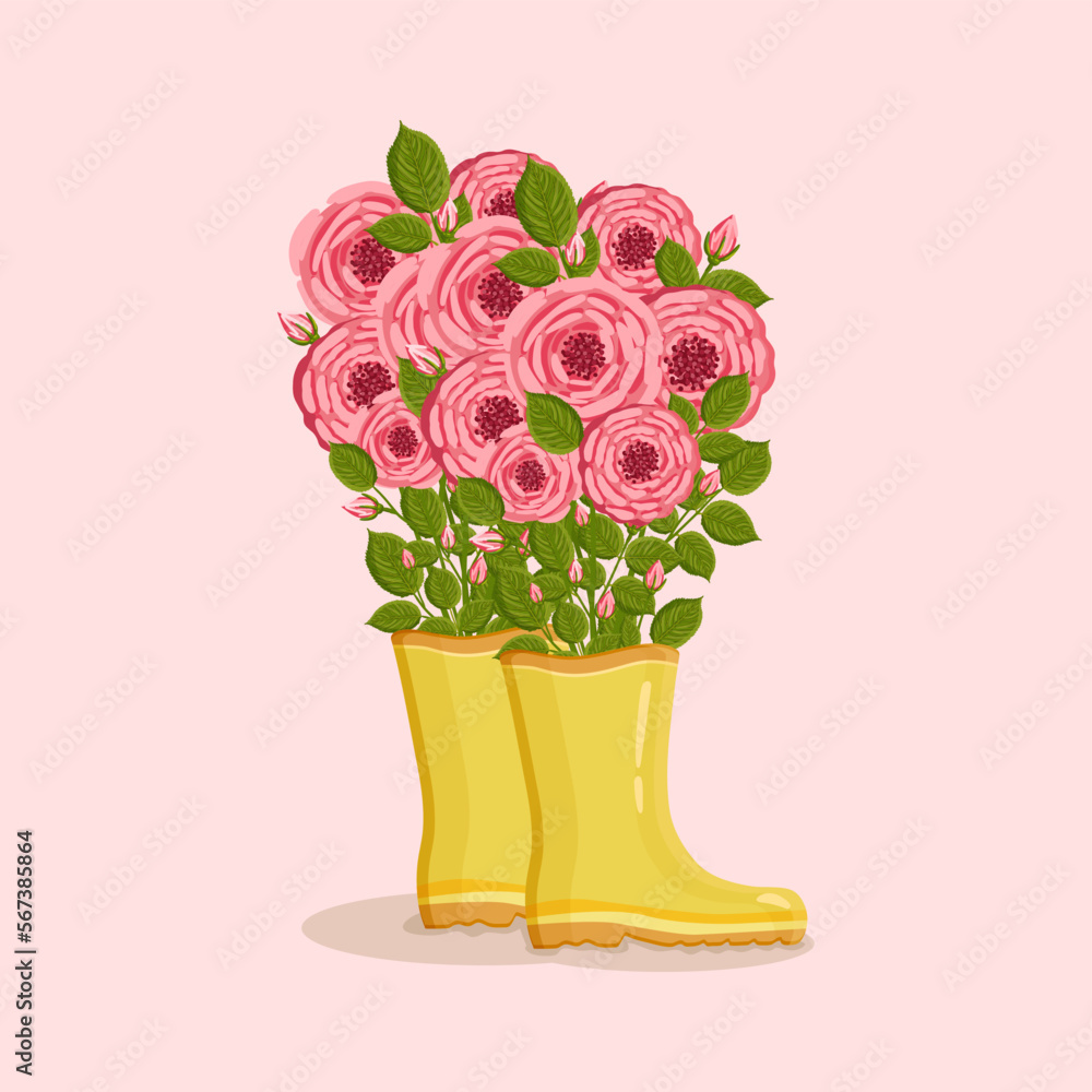 Obraz premium Bouquet of roses in yellow rain boots. Spring composition for Women's Day, Mother's Day, Valentine's Day and other holidays. Spring floral design isolated vector illustration.