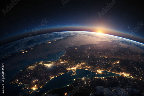Earth from space with sunrise and city lights