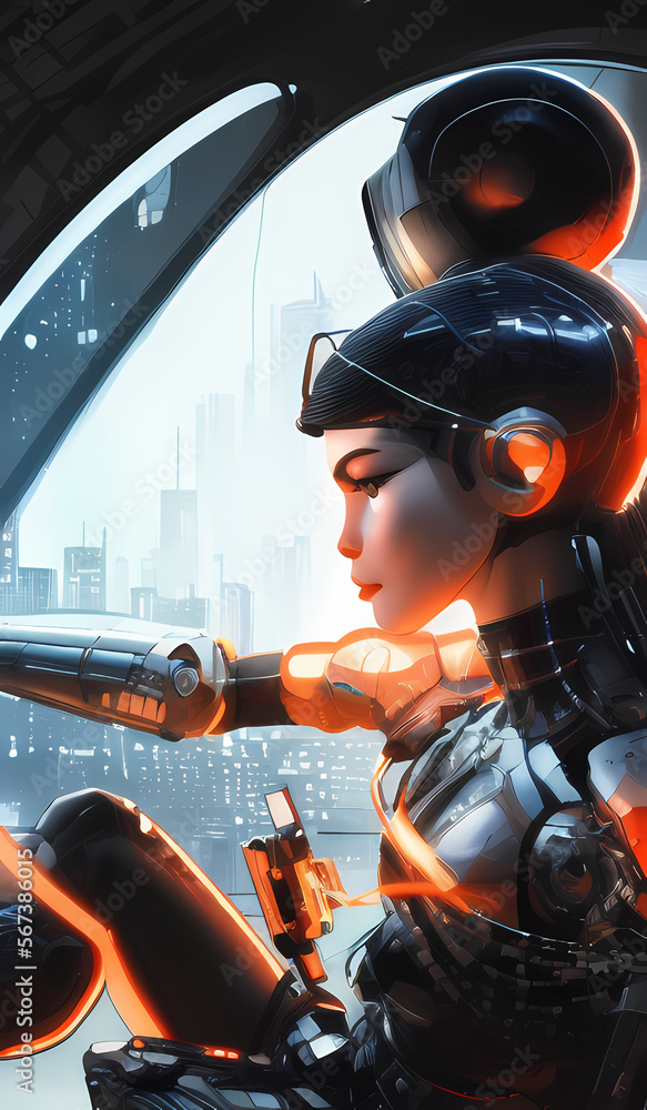 Fototapeta premium a woman in a futuristic car suit, cyberpunk art