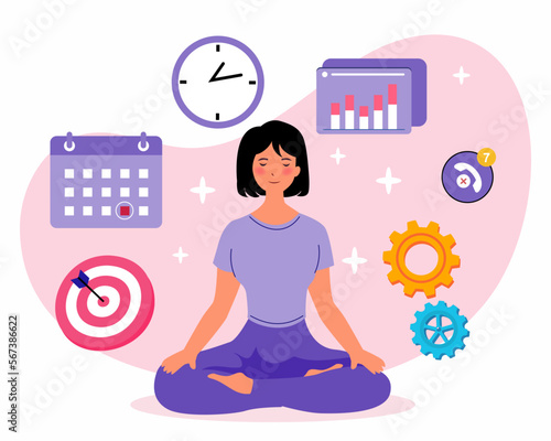 Business women practicing stress relief lotus pose, mindfulness meditation, Multitasking, time management and productivity concept.