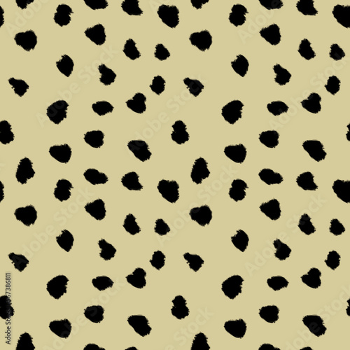 Seamless pattern. Hand painted illustration of black spots as if animal skin. Leopard, jaguar fur. Abstract background. Print on beige background for fabric textile, packaging