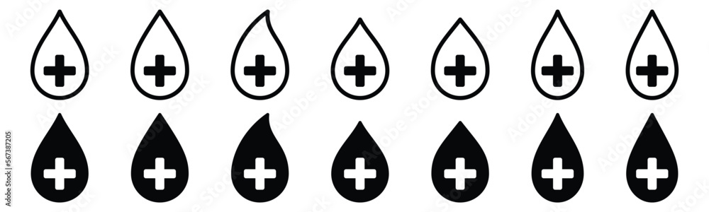 Health water drops icon set. Clean water sign. Water drops with plus sign in line and flat style for drinking, vector illustration Health water drops icon set. Clean water sign. Water drops with plus sign in line and flat style for drinking, vector illustration
