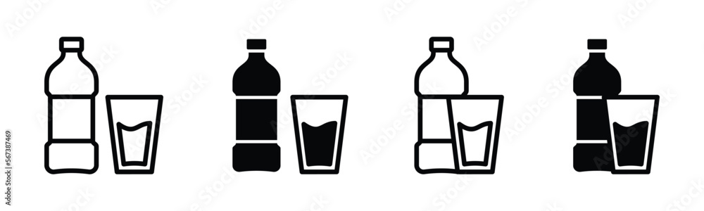 Plastic bottle icon set with drinking glass. Black plastic bottle with glass or cup water symbol in line and flat style, vector illustration Plastic bottle icon set with drinking glass. Black plastic bottle with glass or cup water symbol in line and flat style, vector illustration