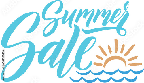 Handwritten summer sale logo with hand drawn ocean sunrise