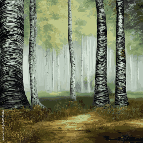 birch grove with mushrooms - colorful vector background illustration