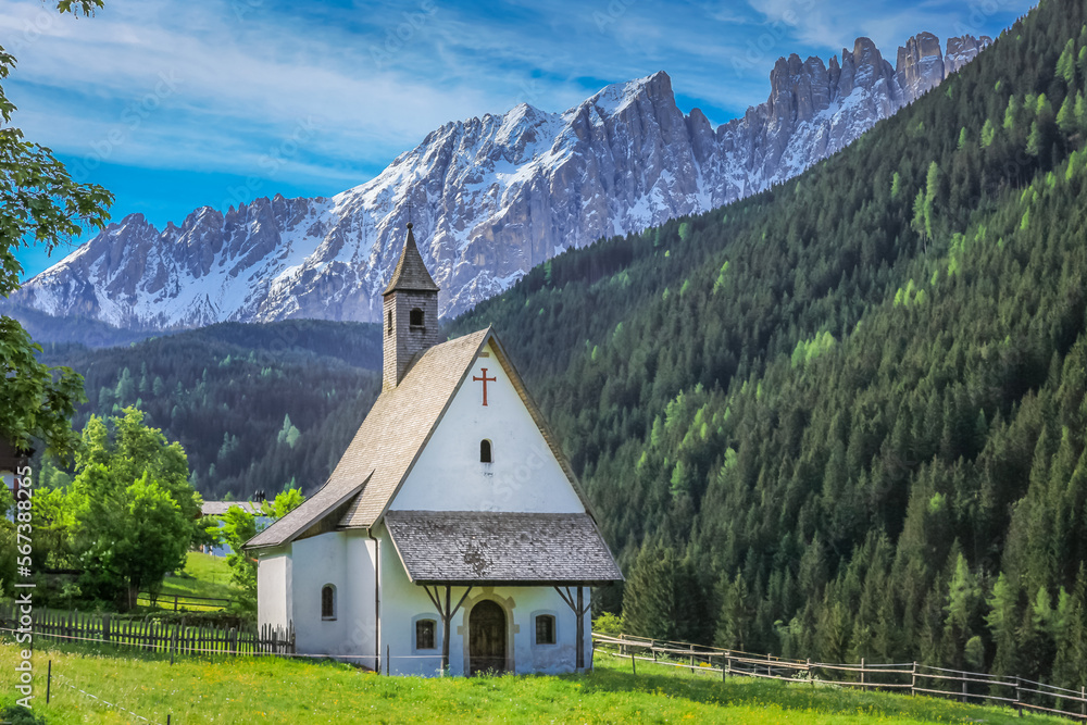 Dolomites italian alpine church chapel near Cortina and Falzarego Pass, Italy