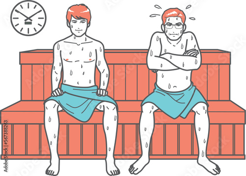サウナの若者と張り合う中年男性