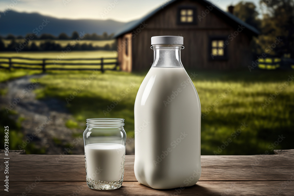 A daily milk bottle is placed on wooden table with the farming in morning environment as background. Generative Ai image.
A daily milk bottle is placed on wooden table with the farming in morning environment as background. Generative Ai image.
